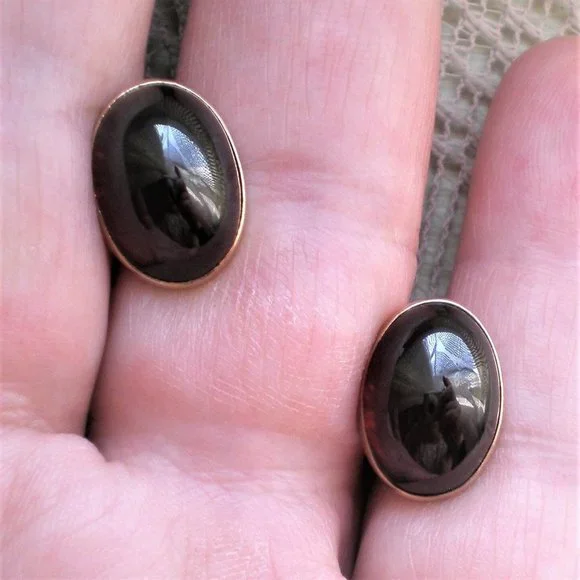 Antique Art Deco Solid 14K Rose Pink Gold Red Garnet Cabochon Cufflinks